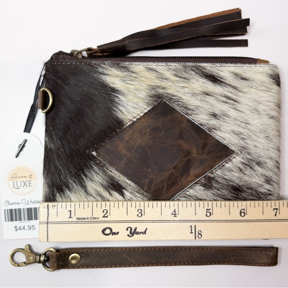 Cowhide Leather Wristlet Clutch - Black & White with Brown Accent - Picture 4 of 5